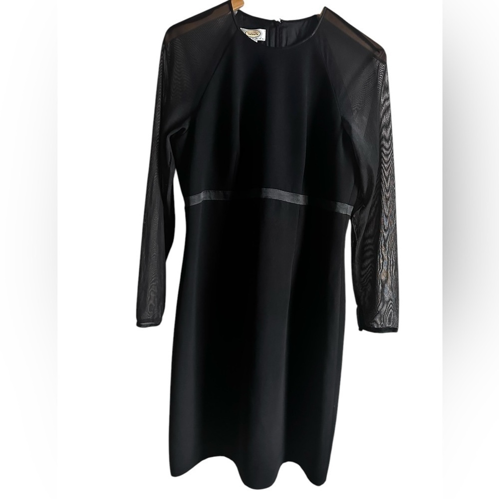 Talbots black dress sheer long sleeves, satin ribbon @ waist simple & elegant